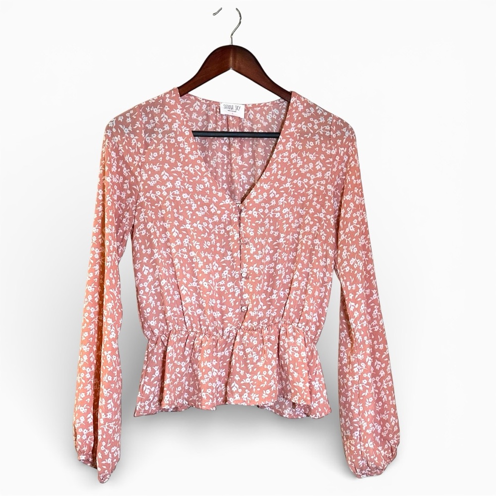 Sienna Sky Peach Floral Peplum Blouse Long Sleeve V-Neck Size S